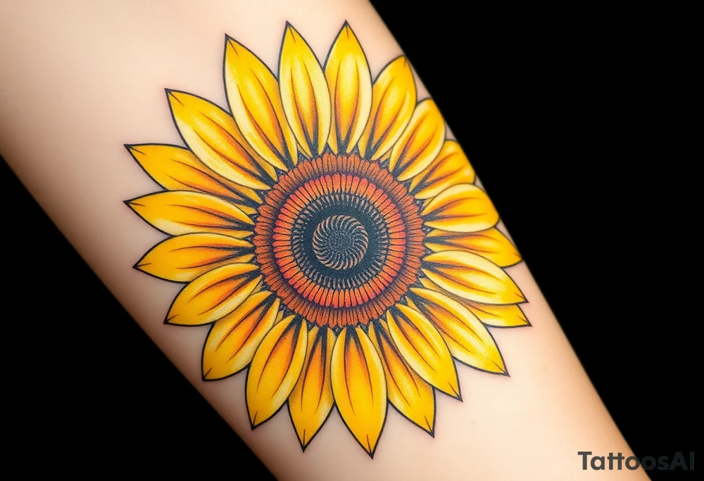 A radiant sunflower with golden-yellow petals, its center detailed with intricate spirals, symbolizing resilience and joy tattoo idea