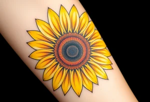 A radiant sunflower with golden-yellow petals, its center detailed with intricate spirals, symbolizing resilience and joy tattoo idea