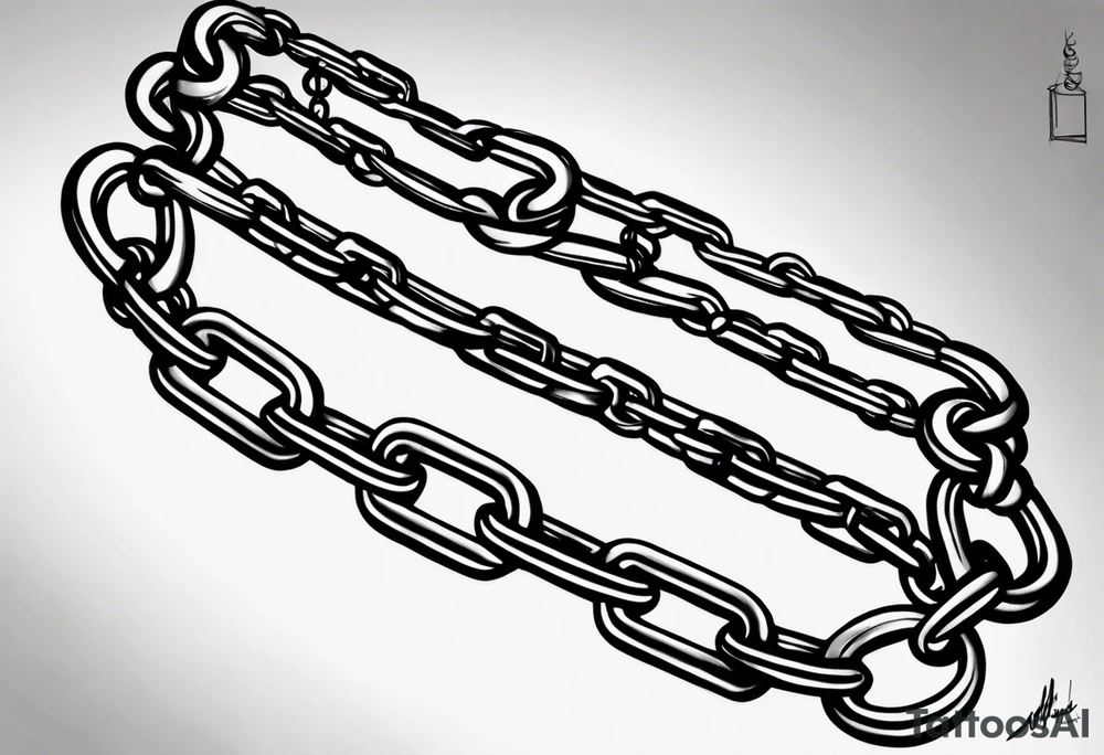 Create a tattoo design sketch in a realistic style, featuring a chain. The chain should have detailed links that are consistent in size, with a focus on the metallic texture, reflections, shadows, and signs of wear. The design should capture the three-dimensional aspect of the chain, making it appear as if it’s resting naturally on the skin. The overall look should emphasize realism and intricate detailing tattoo idea