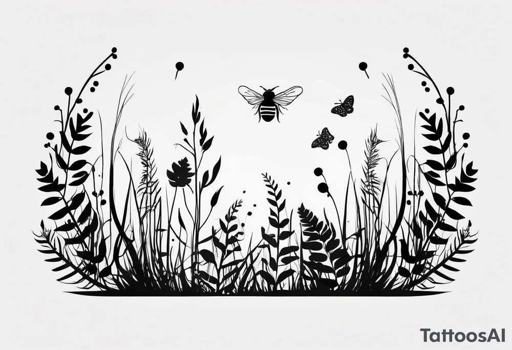 forest floor inspired minimalist tattoo, which includes grass, curly ferns, moss and dead leaves as the bulk of the tattoo. details to include: forest berries, a tiny bumblebee flying nearby, three small brown mushrooms
Generate a vertically long one tattoo idea