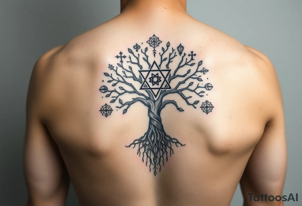 geometrical mystical tree of life with the star of David and cross cosmic roots and celestial symbols branches with HIV-positive symbol tattoo idea