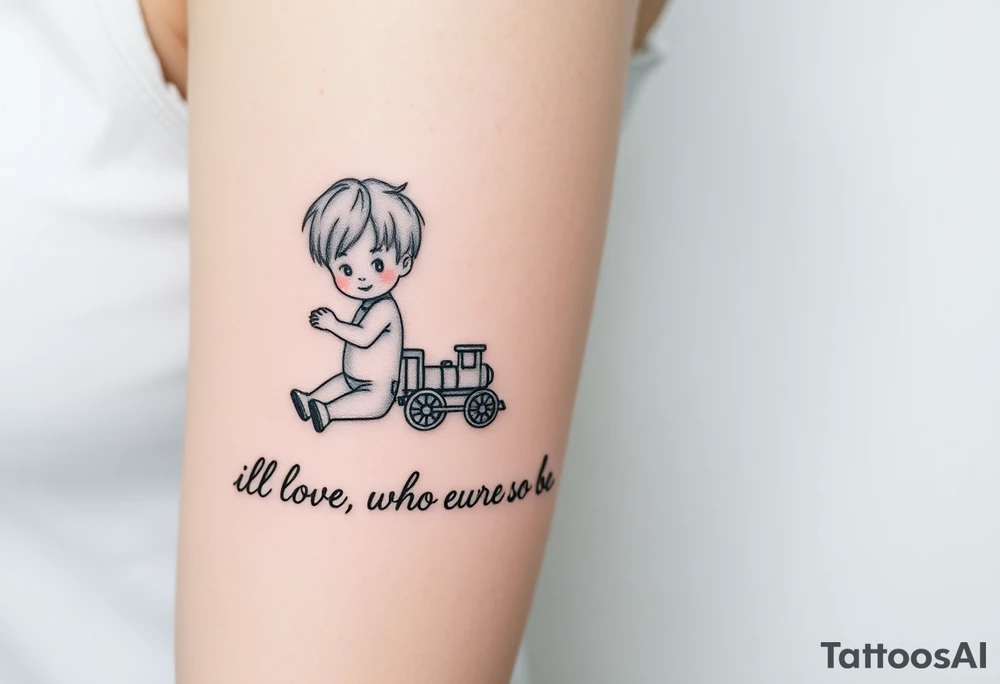 Two little boys one with small toy train one with a football written underneath "ill love who ever you turn out to be" tattoo idea