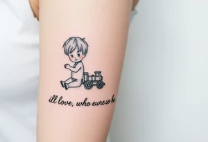 Two little boys one with small toy train one with a football written underneath "ill love who ever you turn out to be" tattoo idea