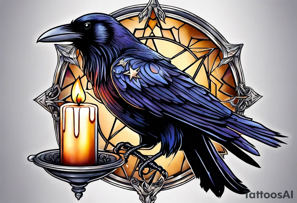 Gothic raven flying holding a candle with a star lite backgeound tattoo idea