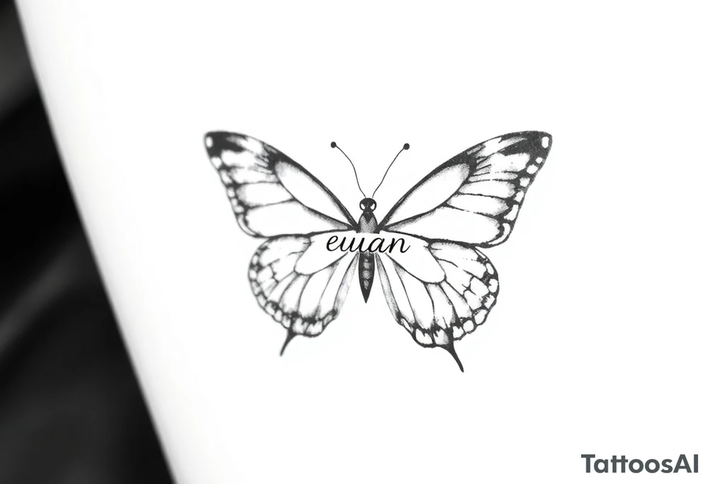 A butterfly with the name “euan” incorporated into the butterflies wings tattoo idea