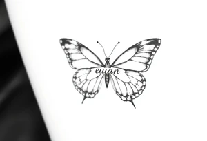 A butterfly with the name “euan” incorporated into the butterflies wings tattoo idea