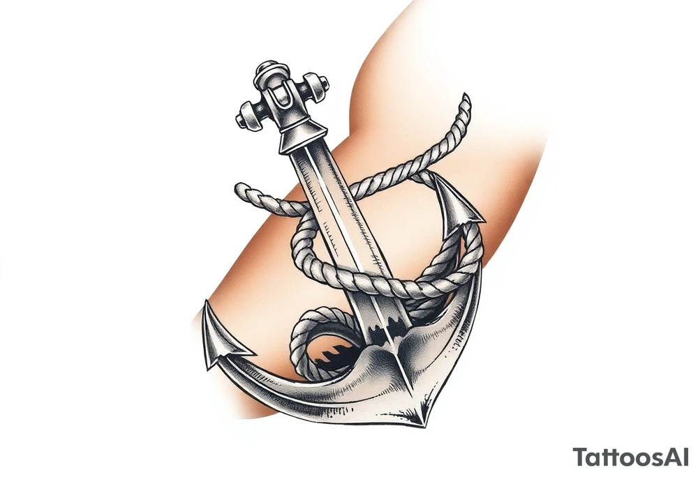 weathered anchor wrapped in nautical rope with sea waves tattoo idea