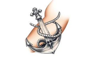 weathered anchor wrapped in nautical rope with sea waves tattoo idea