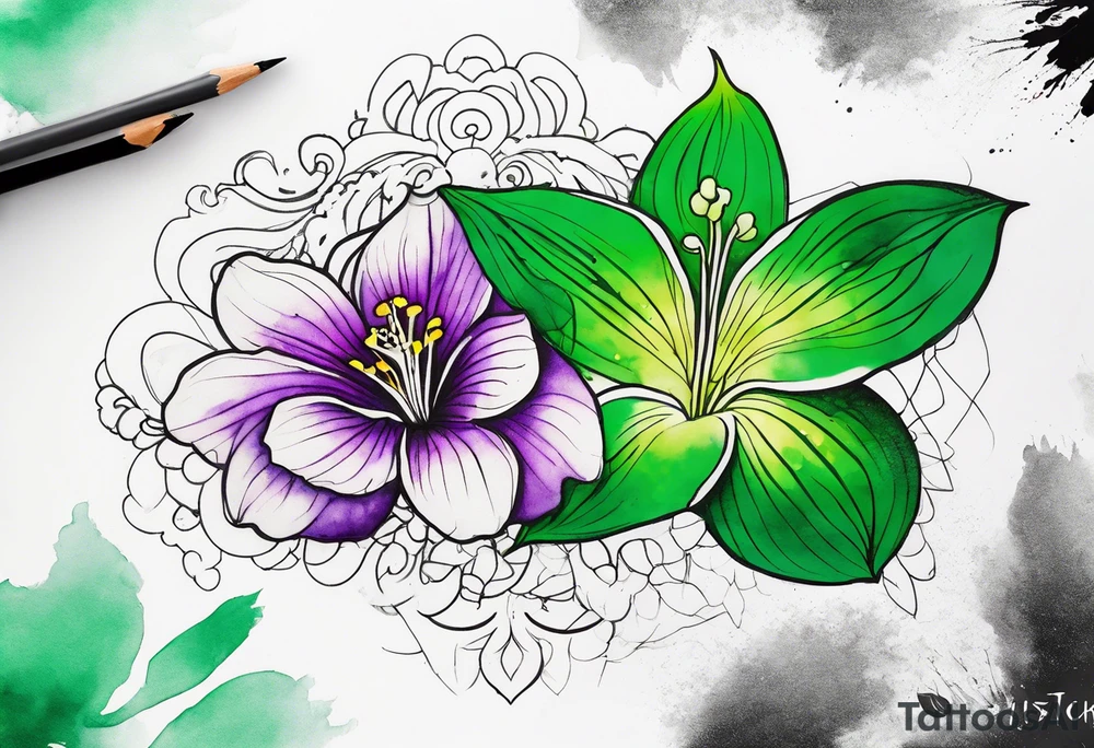 An outline of a green rio dipladenia flower and a green and purple watercolor splash in the background tattoo idea