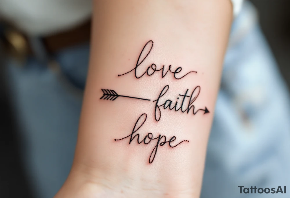 "Love" in dusty rose pink, "Faith" in antique gold, and "Hope" in sky blue, connected by a fine black arrow. tattoo idea