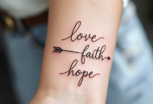 "Love" in dusty rose pink, "Faith" in antique gold, and "Hope" in sky blue, connected by a fine black arrow. tattoo idea