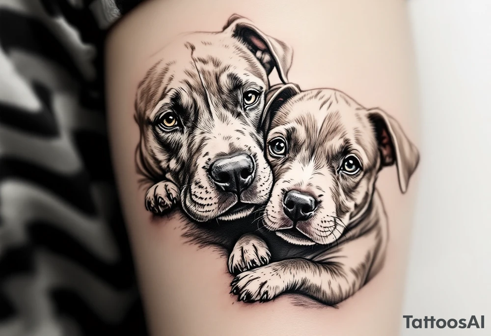 Pitbull mom and pup cuddling, warm brown tones with soft blending, delicate linework around eyes and noses for emotion. tattoo idea