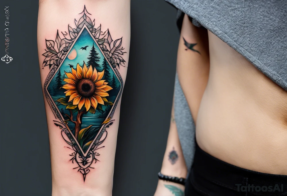 Small norma arm tattoo. Black kite (Daya's name), nature (trees/sea), small sunflower. Soft colours tattoo idea