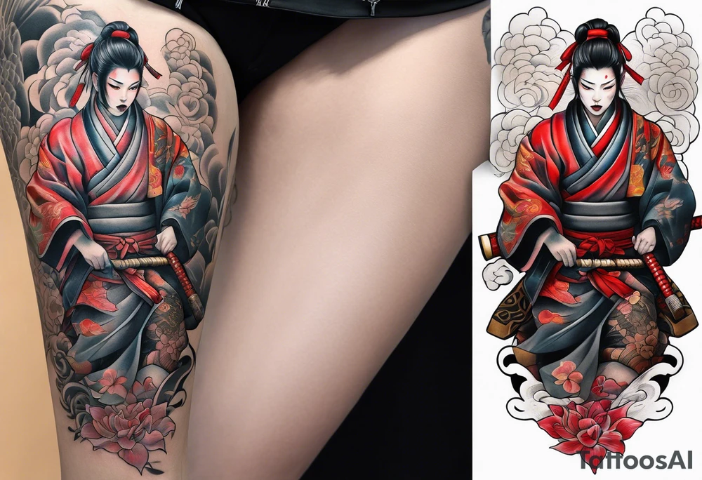 leg tattoo, full leg, oni, girl, oni girl, samurai, japanise style tattoo idea