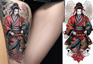 leg tattoo, full leg, oni, girl, oni girl, samurai, japanise style tattoo idea