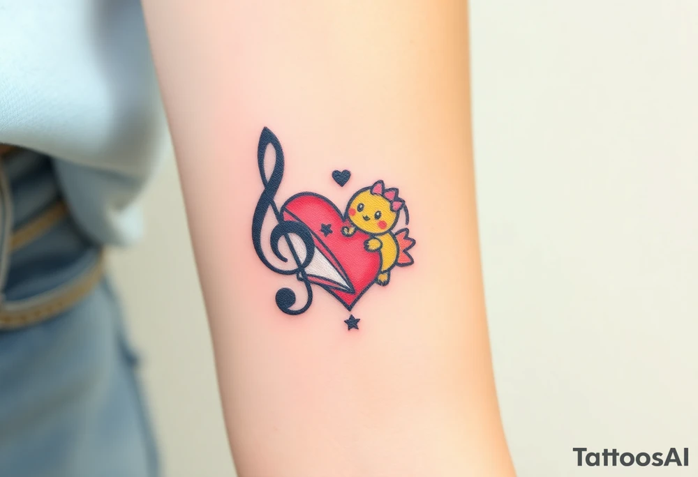 A swirl containing the Treble clef, book, dog paw, star, pokemon psyduck, heart tattoo idea