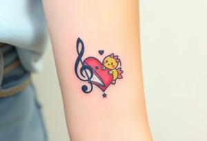 A swirl containing the Treble clef, book, dog paw, star, pokemon psyduck, heart tattoo idea