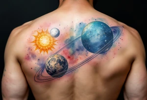 A soft watercolor galaxy with three celestial bodies (sun in gold, moon in silver, and a planet in deep blue) orbiting around each other. tattoo idea