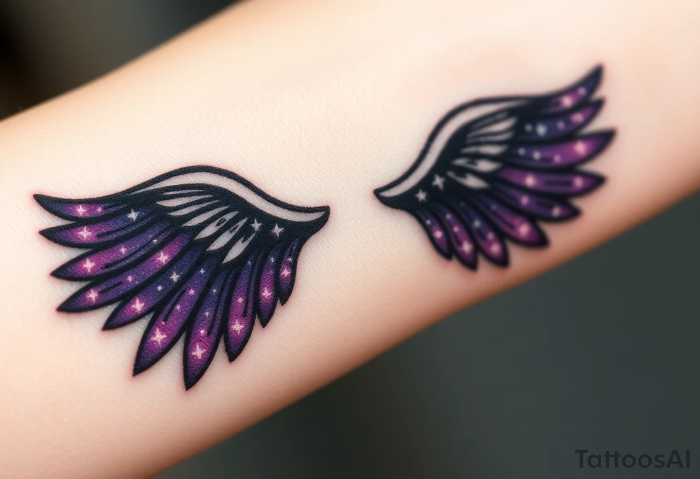 A dark angel with starry wings, the edges of the wings have galaxies within them, deep black and purple hues glowing with specks of white. tattoo idea