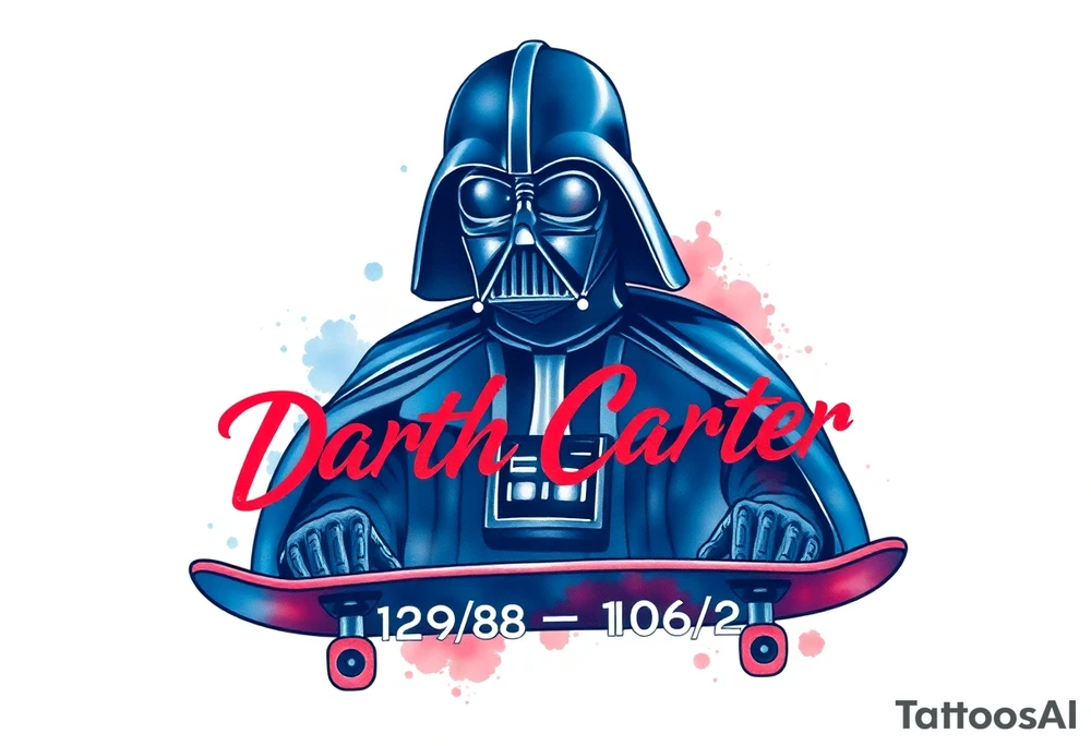 blue and red Skateboarding TALL Darth Vader
WORDS in star wars font "Darth Carter"
12/29/88-01/06/24 tattoo idea