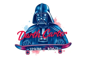 blue and red Skateboarding TALL Darth Vader
WORDS in star wars font "Darth Carter"
12/29/88-01/06/24 tattoo idea