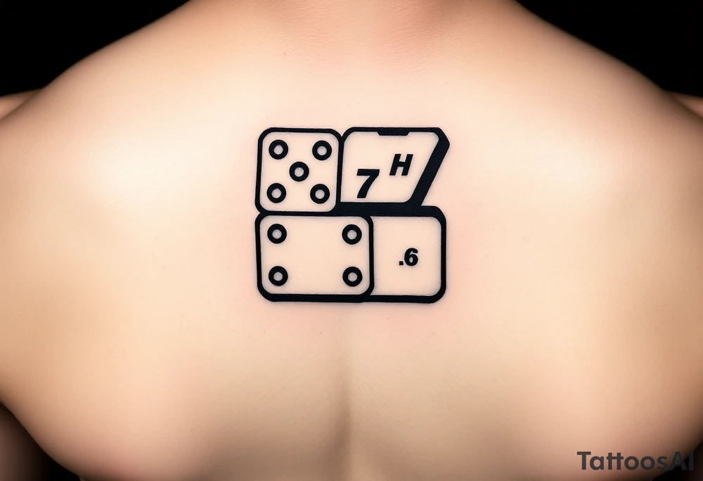 Three domino tiles falling onto each other, showing the pips 8, 7, and 6. On the last tile at the bottom, the top half should show the pips 6, and the other half should display the initials JH.” tattoo idea