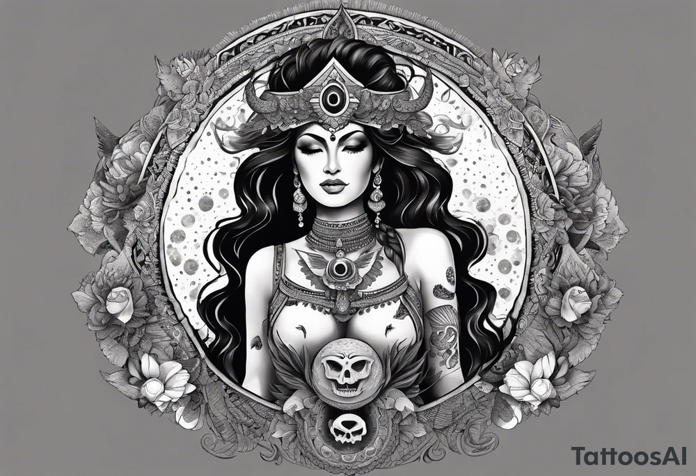 black kali, goddess pirate, alien, angel, pachamama, valkrye, warrior, flying, skull, lotus azul, wing, eagle, zenza resonance, stars, 5D, anahata chakra, death, durga, riding on a tiger, flying lady, kundalini, chest tatoo, samuri, rebel, serpent tattoo idea