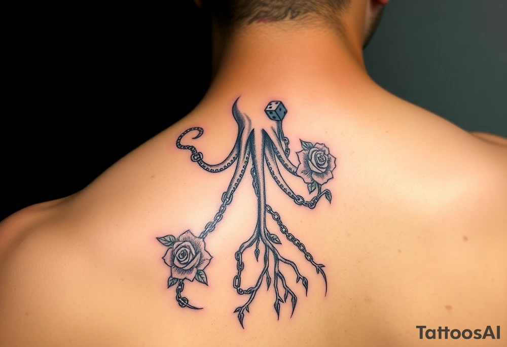 squid with chains with roses and tree roots rolling dice tattoo idea