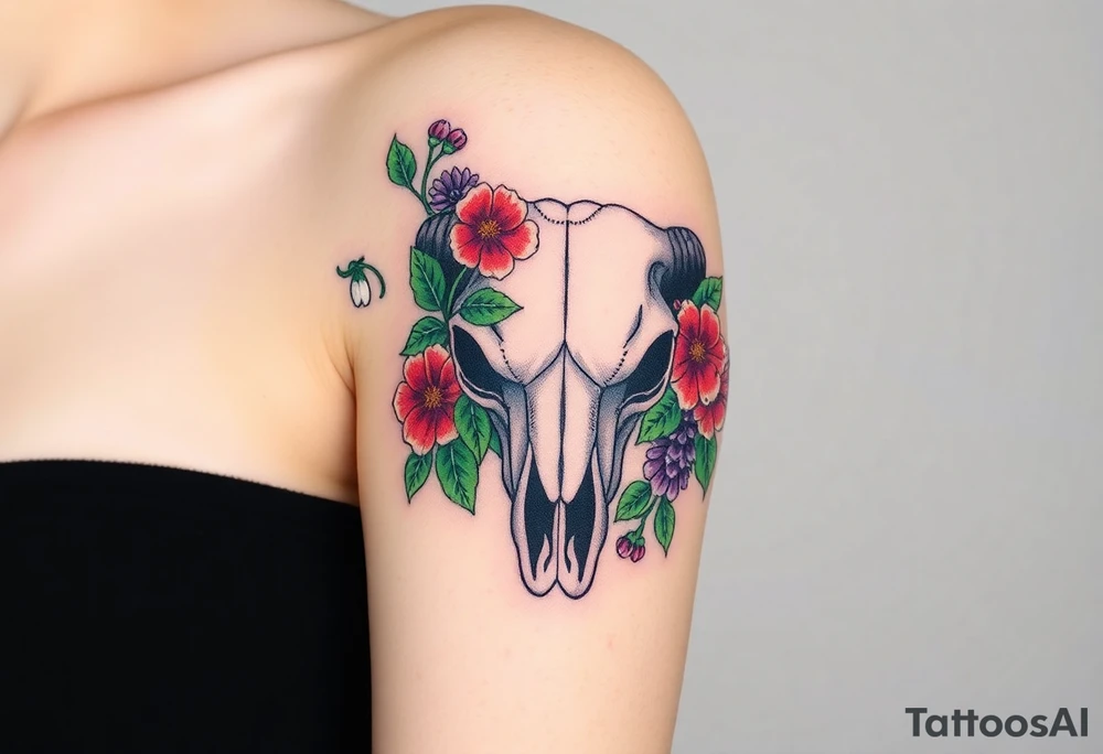 Buffalo or bison skull with flowers. Snow drop and red peony. Green holly with red berries, purple larkspur, red peony.  Colour. For upper arm or shoulder. tattoo idea