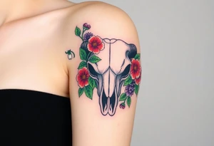 Buffalo or bison skull with flowers. Snow drop and red peony. Green holly with red berries, purple larkspur, red peony.  Colour. For upper arm or shoulder. tattoo idea