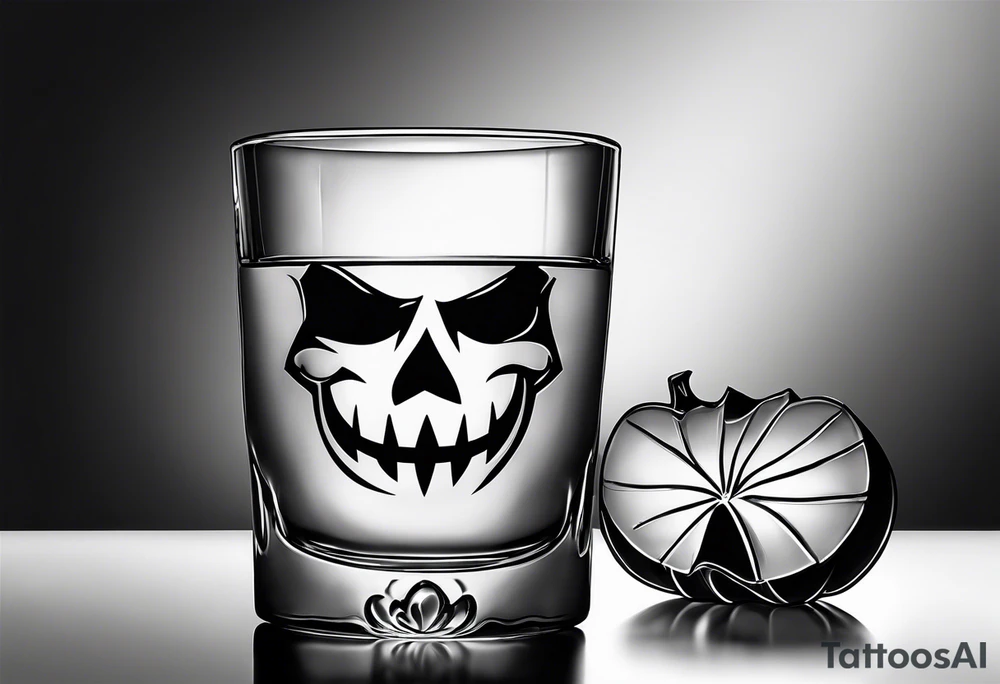 glass of whiskey with one single ice cube that is a jack-o-lantern tattoo idea