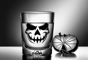 glass of whiskey with one single ice cube that is a jack-o-lantern tattoo idea