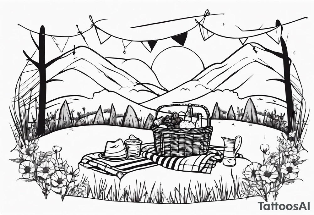 picnic scene on a meadow, with a sheckers blanket, basket, pillows and party pennants. tattoo idea