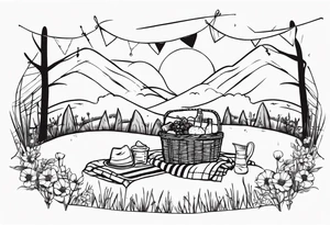 picnic scene on a meadow, with a sheckers blanket, basket, pillows and party pennants. tattoo idea