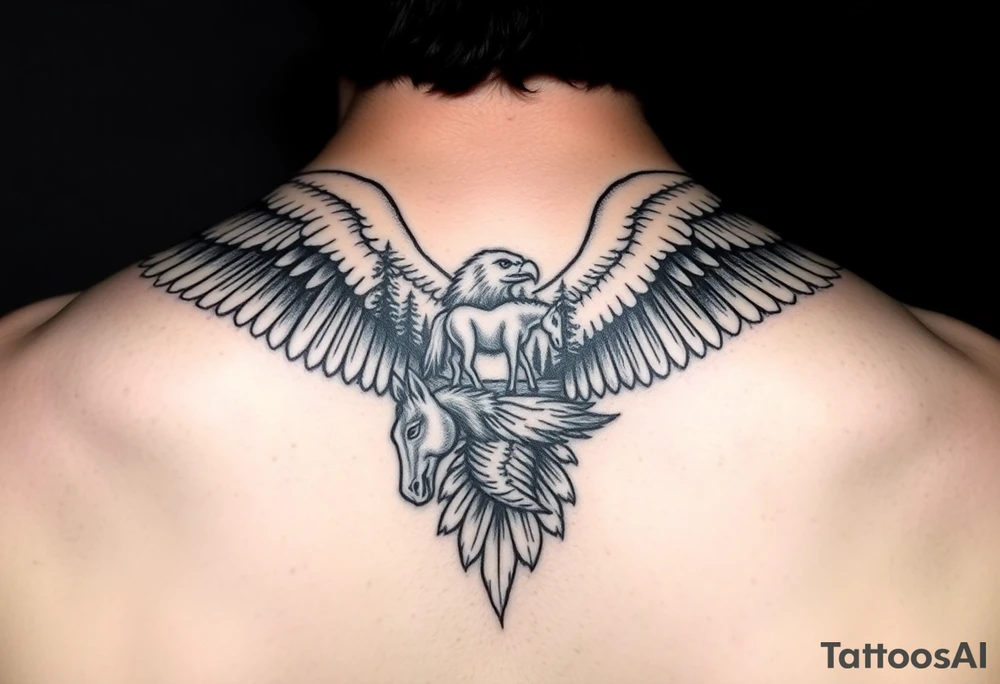 I want an eagle but inside of its wings I want a forest and a little river and maybe a horse drinking from the river. Not too big it has to fit on a 2 inch by 2 inch area tattoo idea
