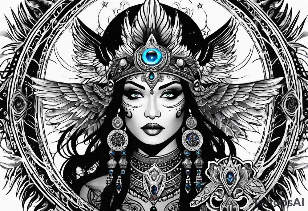 black kali, goddess pirate, alien, angel, pachamama, valkrye, warrior, flying, skull, lotus azul, wing, eagle, zenza resonance, stars, 5D, anahata chakra tattoo idea