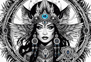 black kali, goddess pirate, alien, angel, pachamama, valkrye, warrior, flying, skull, lotus azul, wing, eagle, zenza resonance, stars, 5D, anahata chakra tattoo idea