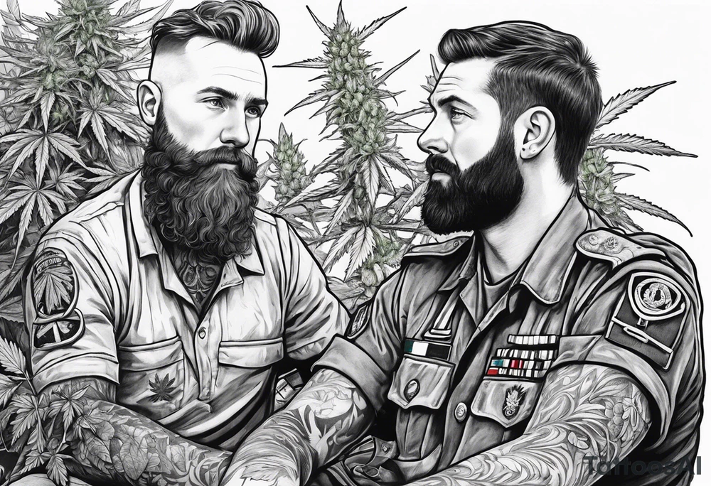 very big short hair 
irish guy with beard and bald skinny german military doctor sitting on a cannabis plant tattoo idea