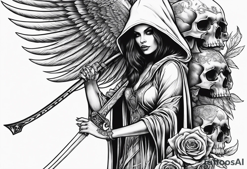 Lady grim reaper with wings, scythe and skulls tattoo idea