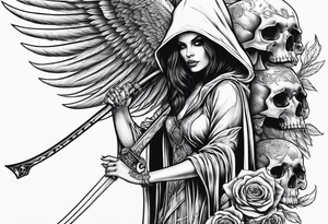 Lady grim reaper with wings, scythe and skulls tattoo idea