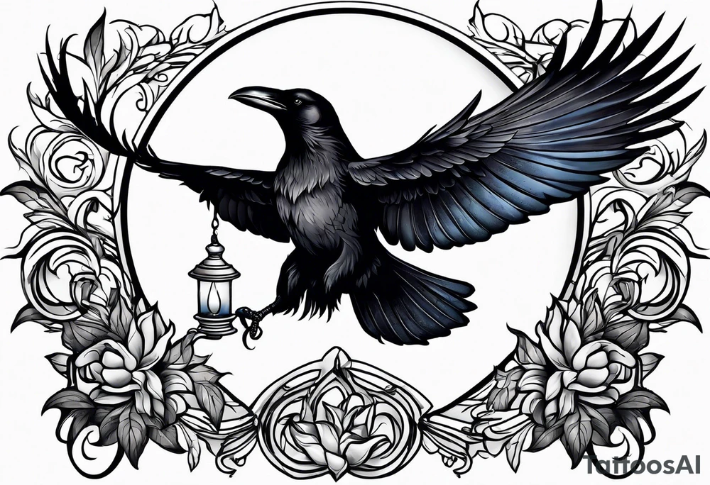 Crow with a candle mid flight with the crescent moon in the background tattoo idea