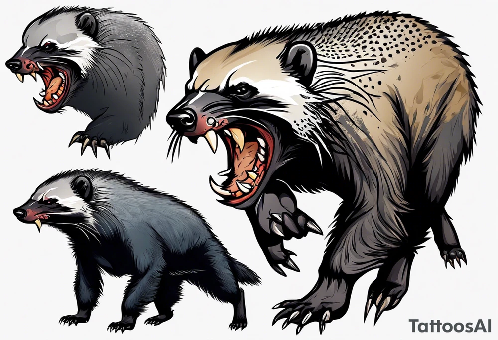 Angry, snarling, detailed full-length honey badger with numerous cuts tattoo idea