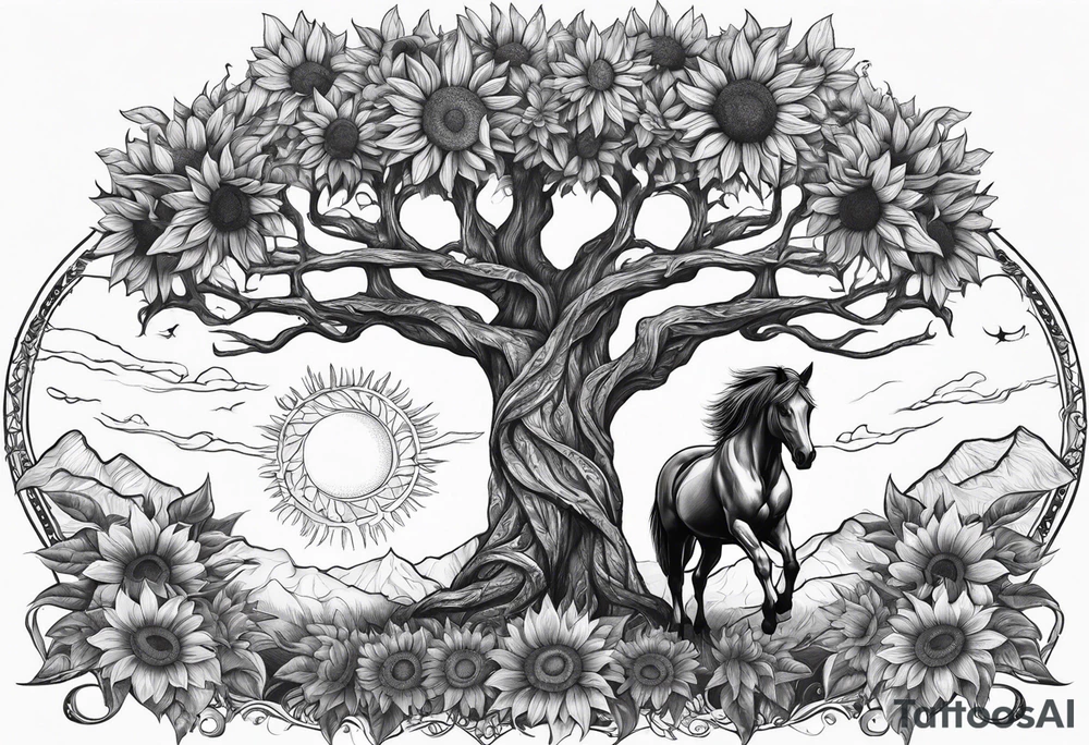 Yggdrasil tree, horse in front of it, and sunflowers tattoo idea