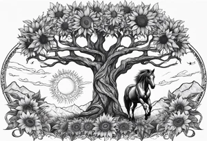 Yggdrasil tree, horse in front of it, and sunflowers tattoo idea