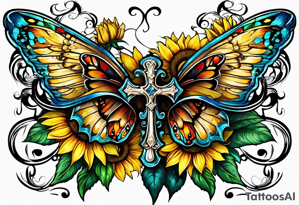Winged cross with sunflower and butterflies tattoo idea