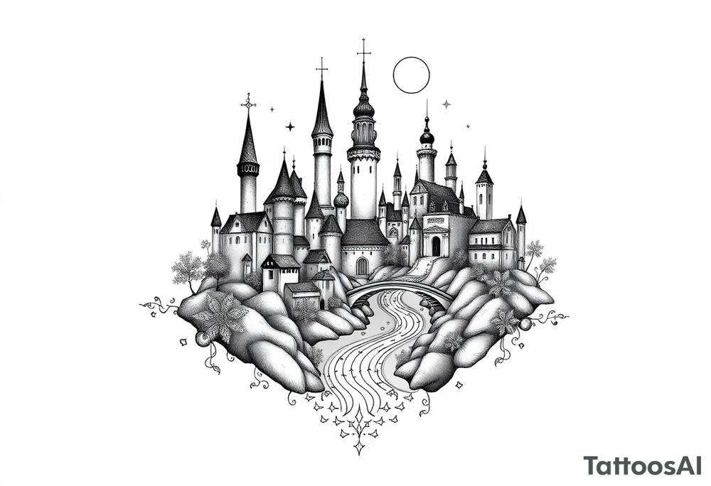Magical fairy land city with river and bridge tattoo idea