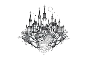 Magical fairy land city with river and bridge tattoo idea