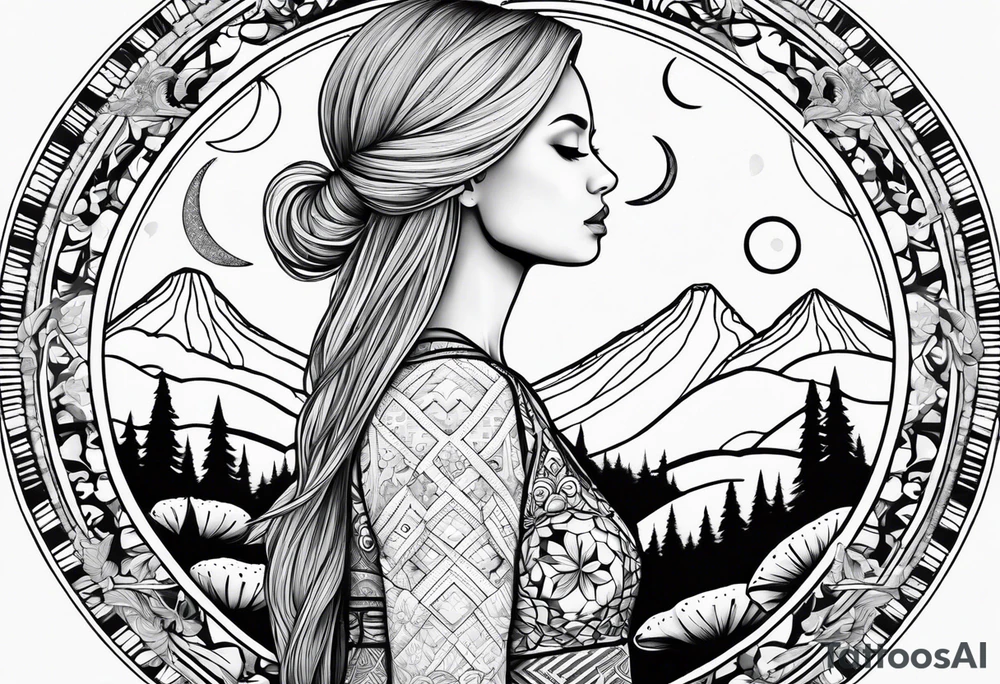 Straight blonde hair girl meditating facing away toward mountains surrounded by mushrooms crescent moon mandala circular design black and white striped dress tattoo idea