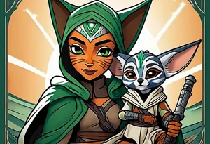 Ahsoka teaching young grogu who is wearing mandalorian armor crouching with a green lightsaber tattoo idea