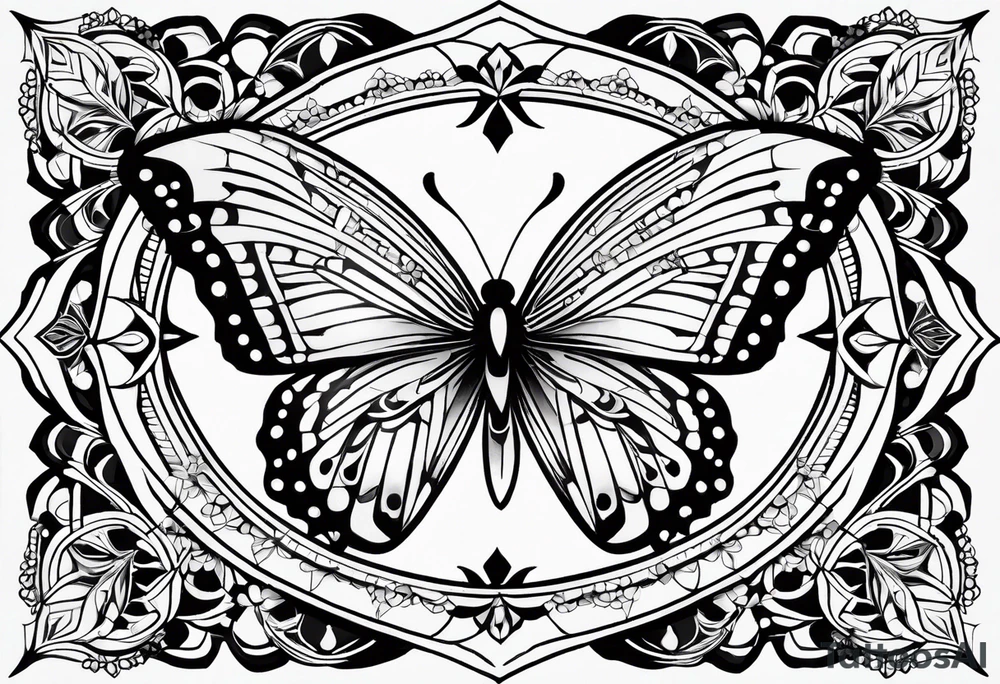 Thin Minimalistic butterfly on the background of the mandala indra’s diamond network tattoo idea